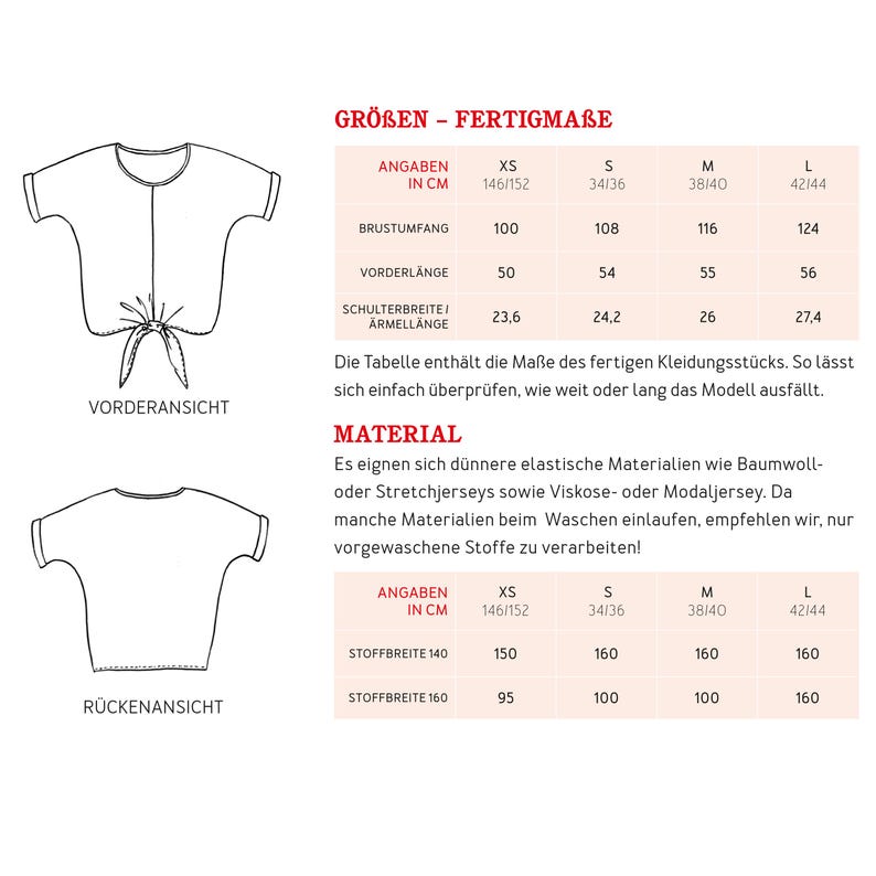 May include: A sewing pattern diagram showing a front view of a top with a tie-front detail and a back view. The image includes a size chart with measurements in centimeters for chest, length, and shoulder width, plus fabric requirements in cm.