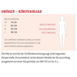 May include: A size chart titled GR&Ouml;BEN - K&Ouml;RPERMA&szlig;E featuring a silhouette diagram with labels for BRUSTUMFANG, TAILLENUMFANG, and H&Uuml;FTUMFANG. It lists bust measurements in cm for sizes XS through L, alongside instructions for measuring the body horizontally.