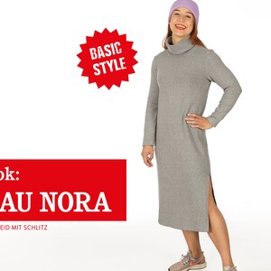 Könnte beinhalten: Ein graues Rollkragenkleid mit einem Schlitz an der Seite. Das Kleid wird von einer Person mit einer lila Mütze getragen. Der Text "BASIC STYLE" ist in einer roten Sternform. Der Text "e-book: FRAU NORA" ist in weißer Schrift auf rotem Hintergrund. Der Text "GERADES KLEID MIT SCHLITZ" ist in weißer Schrift auf rotem Hintergrund.