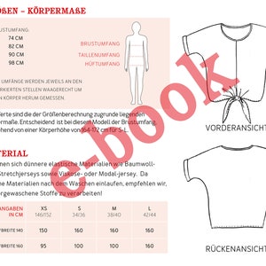 May include: A sewing pattern for a women's top with a tie front. The pattern includes instructions for sizes XS, S, M, and L. The pattern also includes measurements for the bust, waist, and hips. The pattern is printed on white paper with black text.