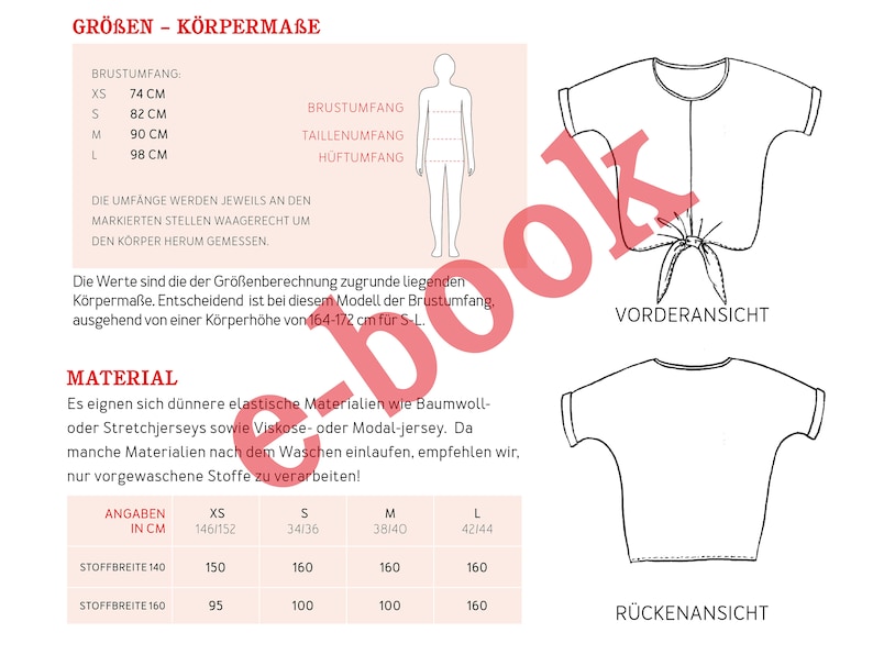 May include: A sewing pattern for a women's top with a tie front. The pattern includes instructions for sizes XS, S, M, and L. The pattern also includes measurements for the bust, waist, and hips. The pattern is printed on white paper with black text.