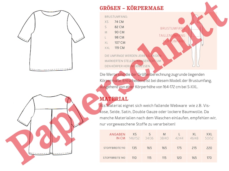 May include: A chart with instructions for sewing a t-shirt. The chart includes measurements for bust, waist, and hip circumference in centimeters. The chart also includes fabric width measurements in centimeters.