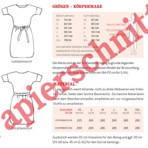 May include: A sewing pattern for a dress with a simple design. The pattern includes instructions for sizes XS to XXL. The pattern is printed on white paper with black text and illustrations. The pattern includes measurements for bust, waist, and hip.