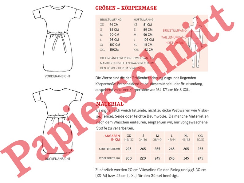 May include: A sewing pattern for a dress with a simple design. The pattern includes instructions for sizes XS to XXL. The pattern is printed on white paper with black text and illustrations. The pattern includes measurements for bust, waist, and hip.