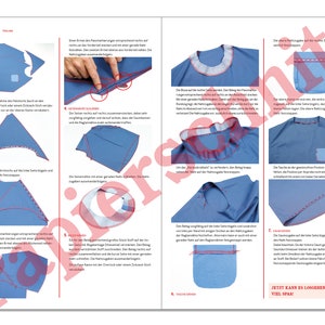May include: A step-by-step guide on how to sew a blue fabric shirt with a pocket. The instructions are written in German and include illustrations of the sewing process.