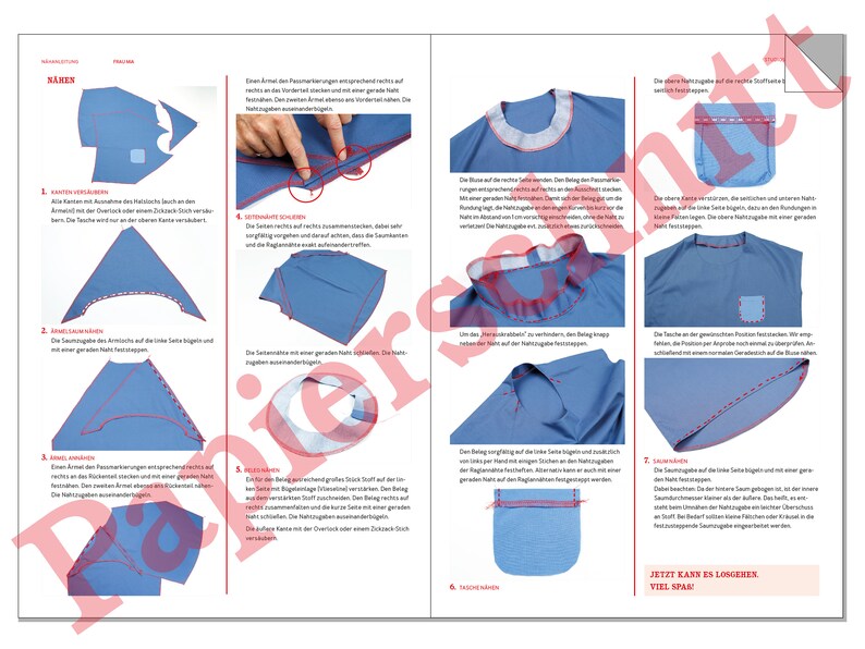 May include: A step-by-step guide on how to sew a blue fabric shirt with a pocket. The instructions are written in German and include illustrations of the sewing process.