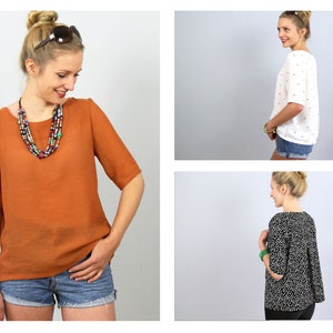 May include: Three women wearing different tops with short sleeves. The first woman is wearing a rust colored top with a multi-colored beaded necklace. The second woman is wearing a white top with small black dots. The third woman is wearing a black and white patterned top.