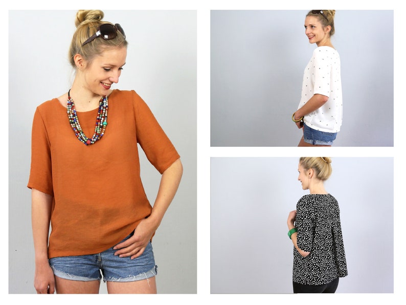 May include: Three women wearing different tops with short sleeves. The first woman is wearing a rust colored top with a multi-colored beaded necklace. The second woman is wearing a white top with small black dots. The third woman is wearing a black and white patterned top.