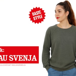 May include: A woman wearing a green pullover with raglan sleeves. The text "e-book: FRAU SVENJA SCHLICHTER PULLOVER MIT RAGLANÄRMELN" is displayed on a red background.