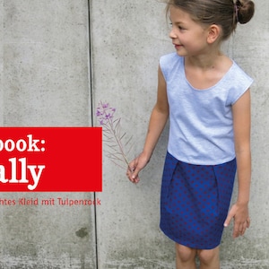 May include: A young person wearing a light blue top and a blue skirt with a red polka dot pattern. The text "e-book: sally" is displayed on a red banner. The text "Schlichtes Kleid mit Tulpenrock" is below the banner.