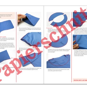 May include: A sewing guide with instructions on how to sew a blue shirt. The guide includes illustrations of the steps involved in sewing the shoulders, neckline, and sleeves.