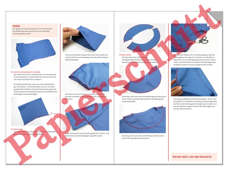 May include: A sewing guide with instructions on how to sew a blue shirt. The guide includes illustrations of the steps involved in sewing the shoulders, neckline, and sleeves.