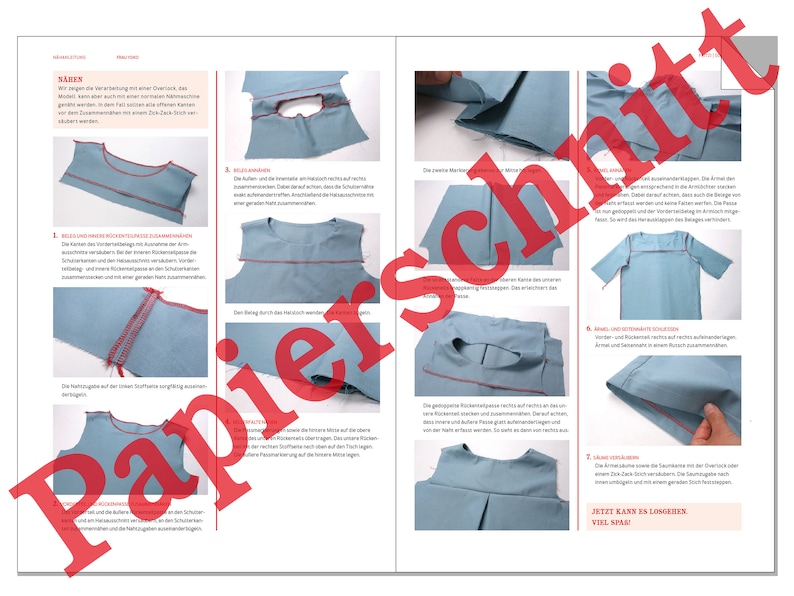 May include: A sewing tutorial in German with illustrations showing how to sew a blue sleeveless top. The text includes the words "N&auml;hen" and "Jetzt kann es losgehen! Viel Spa&szlig;!"