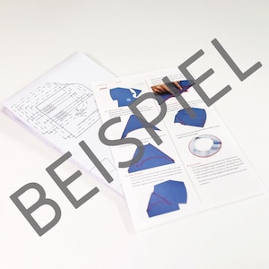 May include: A set of white paper sewing instruction sheets featuring black printed diagrams, text, and color photographs of blue fabric pieces being assembled. The documents provide step-by-step visual guidance for a sewing project.