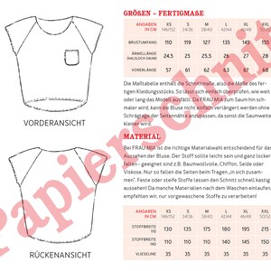 May include: A sewing pattern for a loose-fitting blouse with a pocket. The pattern includes instructions for sizes XS to XXL, with measurements in inches. The pattern also includes fabric recommendations and instructions for sewing the blouse.
