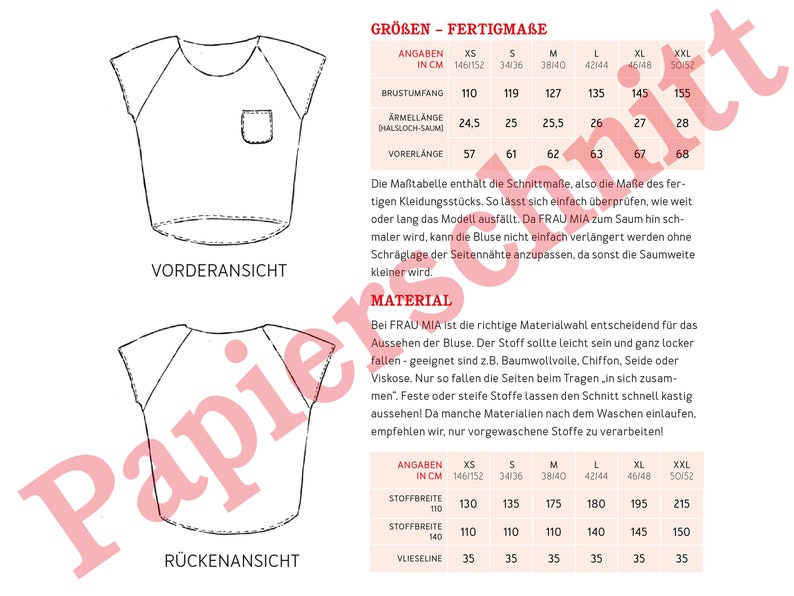 May include: A sewing pattern for a loose-fitting blouse with a pocket. The pattern includes instructions for sizes XS to XXL, with measurements in inches. The pattern also includes fabric recommendations and instructions for sewing the blouse.