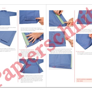 Peut inclure: Un guide &eacute;tape par &eacute;tape sur la fa&ccedil;on de coudre un col pour une chemise bleue. Les instructions sont &eacute;crites en allemand et comprennent des images du processus de couture. Le texte indique "Schr&auml;gband Umkehren N&auml;hen" et "Jetzt kann es losgehen! Viel Spa&szlig;!"