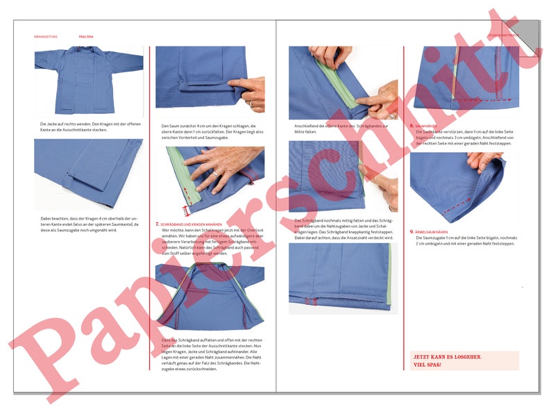 Peut inclure: Un guide &eacute;tape par &eacute;tape sur la fa&ccedil;on de coudre un col pour une chemise bleue. Les instructions sont &eacute;crites en allemand et comprennent des images du processus de couture. Le texte indique "Schr&auml;gband Umkehren N&auml;hen" et "Jetzt kann es losgehen! Viel Spa&szlig;!"