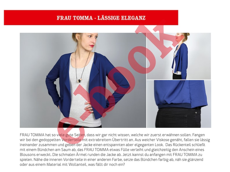 Pode incluir: Um blazer azul marinho com uma frente drapeada e mangas compridas. O blazer tem um caimento relaxado e &eacute; feito de um tecido macio e fluido. O texto "FRAU TOMMA L&Auml;SSIGE ELEGANZ" est&aacute; no topo da imagem.