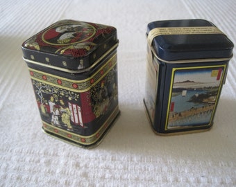 2 vintage mini blechdosen mit inhalt, motive chinesisch