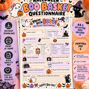 May include: A printable Halloween Boo Basket questionnaire featuring a white sheet with orange, purple, and black graphics including ghosts, pumpkins, a black cat in a witch hat, and a haunted house. The form includes sections for preferences.