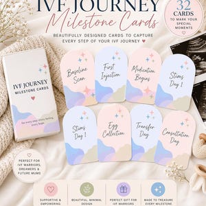 May include: IVF Journey Milestone Cards set. The cards are designed to capture every step of the IVF journey. The set includes 32 cards to mark special moments. The cards have pastel colors and include text such as "Baseline Scan" and "Egg Collection".