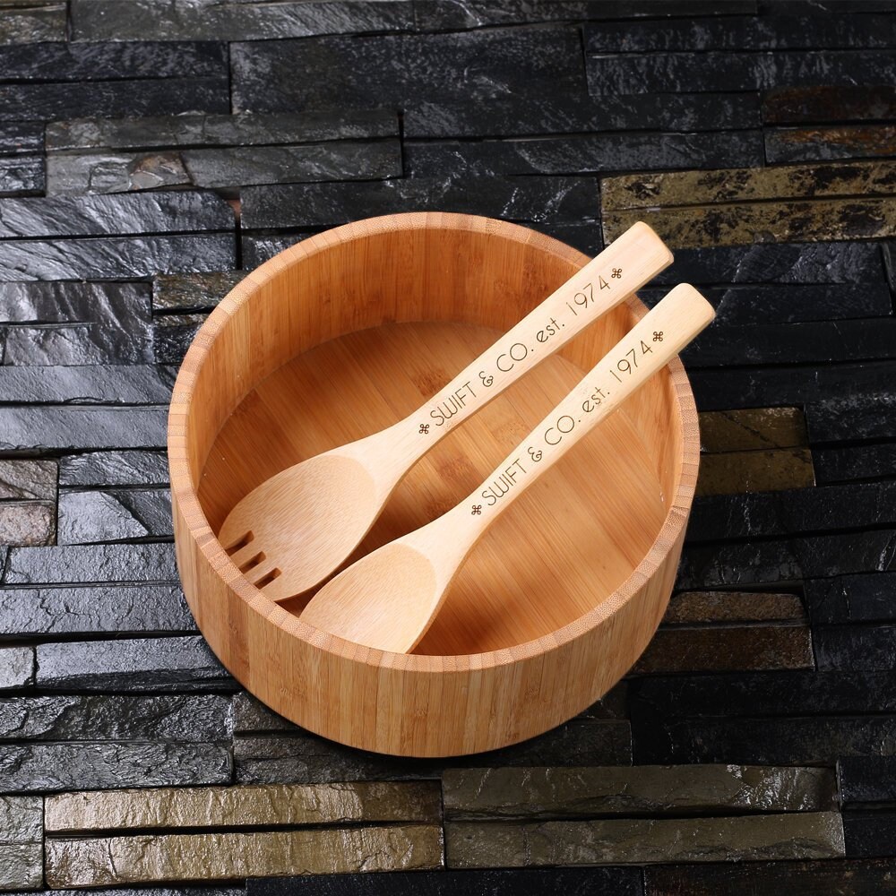 Jours de Salade Bol Service en Bambou Durable + Ensemble d'ustensiles Cuisine Personnalisés - Idée C