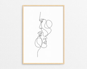 Love Couple Line Art, Face Sketching, Minimal Continuous Lines, Abstract Affection Wall Art, Passion Art Print