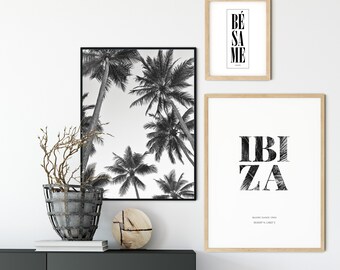 Spanish influenced set of 3 prints, Palm Trees, Ibiza Island, Besame Mucho, Spanish Wall Art Decor, Living Room prints for your home