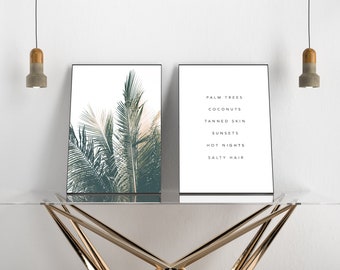 Set of two, Leaf Wall Art, Summe spirit Printable Palm Leaf, Dark Green Print, Tropical Leaf Print, Tropical Wall Art Decor, Palms and quote