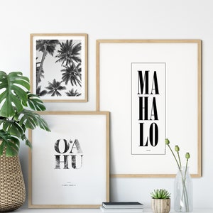 Conjunto de 3 estampas com influência havaiana, palmeiras, ilha de Oahu, Mahalo, decoração de arte de parede havaiana, estampas de sala de estar para sua casa