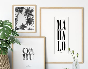 Hawaiian influenced set of 3 prints, Palm Trees, Oahu Island, Mahalo, Hawaiian Wall Art Decor, Living Room prints for your home