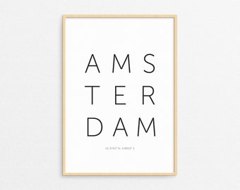 Printable Amsterdam Print, Amsterdam Poster, Amsterdarm Coordinates Print, Modern City Coordinates Poster, Minimal City Scandinavian Poster