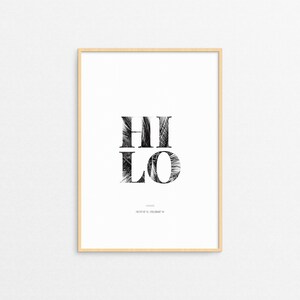 Può includere: Stampa in bianco e nero della parola "HILO" con un design a forma di palma. La stampa include il testo "HAWAII" e le coordinate "19.7276° N, 155.0540° W".