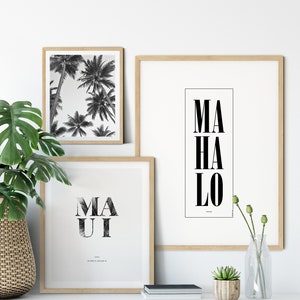 Hawaiian influenced set of 3 prints, Palm Trees, Maui Island, Mahalo, Hawaiian Wall Art Decor, Living Room prints for your home