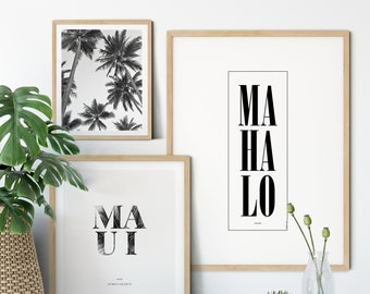Hawaiian influenced set of 3 prints, Palm Trees, Maui Island, Mahalo, Hawaiian Wall Art Decor, Living Room prints for your home