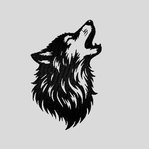May include: Black and white embroidered design of a howling wolf's head. The wolf is depicted with its mouth open, howling upwards. The design features detailed fur and is set against a light gray background.