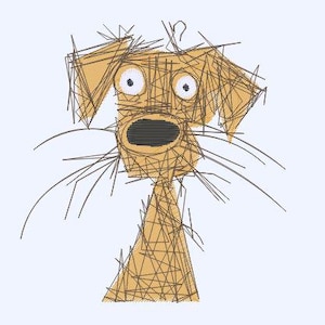 Könnte beinhalten: Eine stilisierte Illustration eines Hundes mit einem Fragezeichen über seinem Kopf. Der Hund ist mit braunen Linien gezeichnet und hat große, runde Augen.