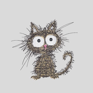 Puede incluir: Una ilustración de dibujos animados de un gato marrón con ojos grandes y blancos y una nariz rosa. El gato tiene una cola larga y tupida y está dibujado en un estilo simple y caprichoso.
