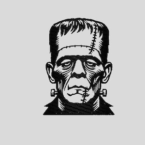 Puede incluir: Ilustración en blanco y negro del monstruo de Frankenstein. La cara del monstruo está detallada con puntadas, pernos y una expresión seria. Una representación clásica del icónico personaje de terror, ideal para Halloween.