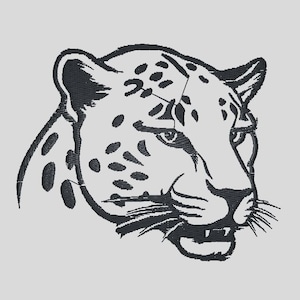 Puede incluir: Ilustración en blanco y negro de línea de arte de la cabeza de un guepardo. El guepardo está mirando hacia la derecha y tiene una expresión feroz.