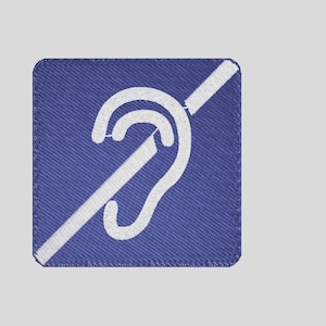 May include: A blue square patch with a white ear icon crossed out. The icon is a symbol for no sound or silence.