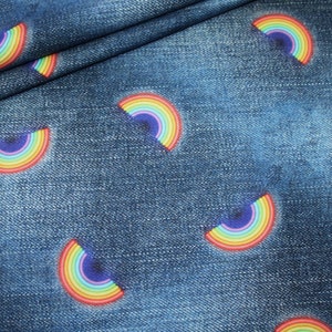 Digitale print jersey stof jeansstijl regenboog