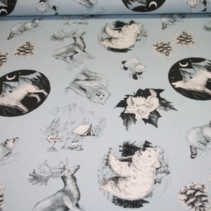 Hilco French Terry Jersey Fabric Wild Animals Wolf Bear turquoise blue