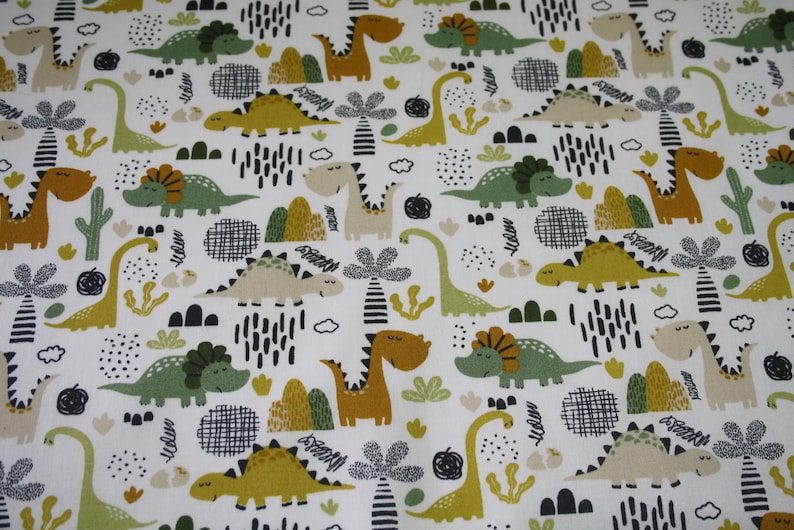 Coated cotton fabric Dinos dinosaur mustard green image 4