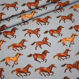 French Terry Jersey Fabric Horses grey