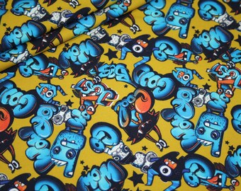 Stenzo Digitale Print French Terry Jersey Stof Graffiti Mosterd