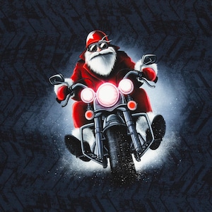 Winter Moods by Thorsten Berger French Terry fabric, panel Santa Motorcycle w kolorze niebieskim
