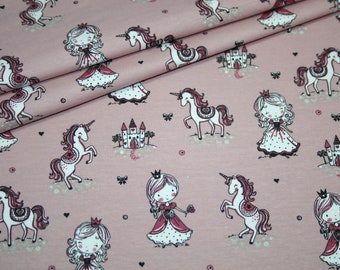 Jersey fabric princess unicorn white dusky pink
