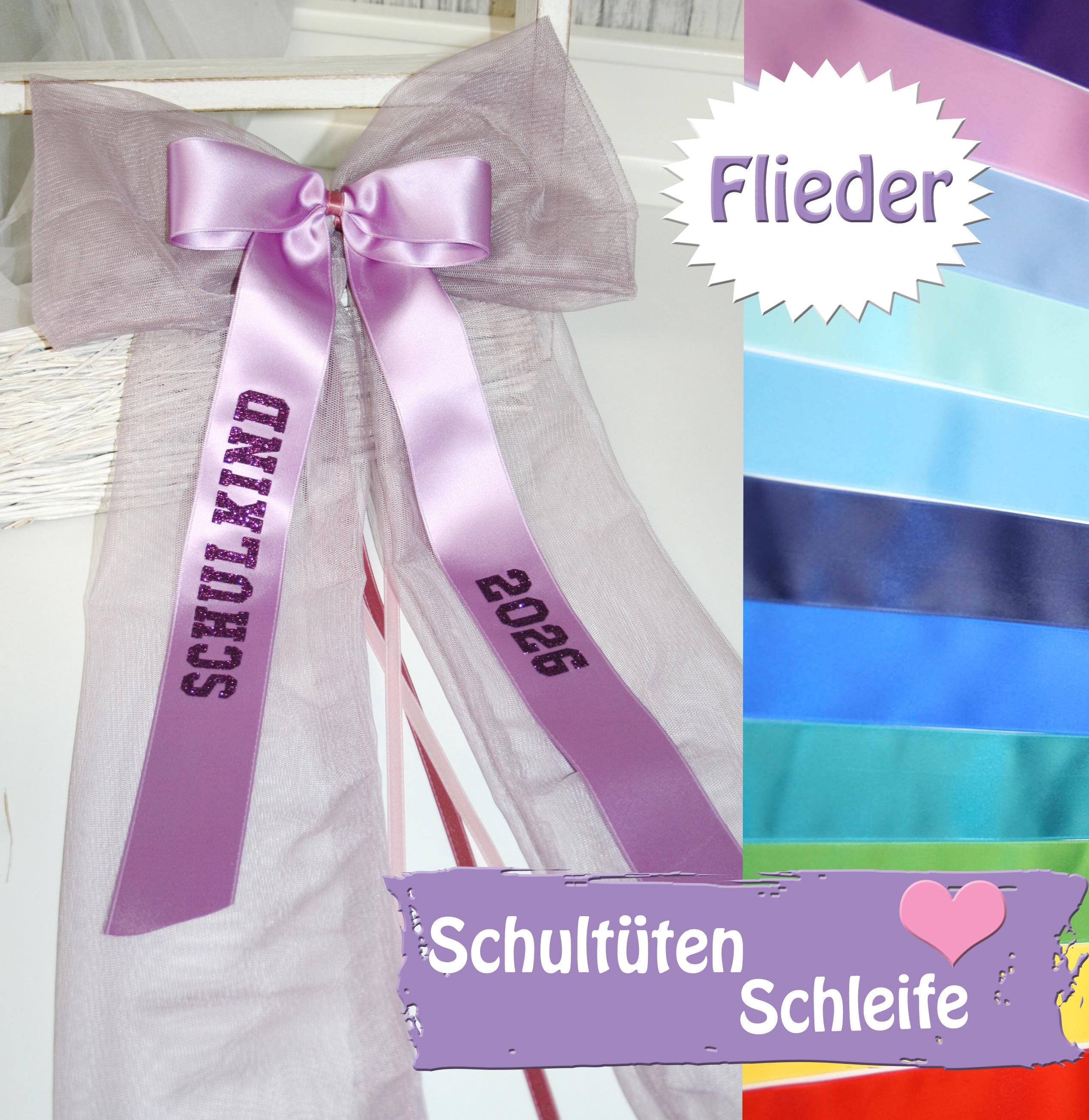 Schultütenschleife mit Namenschild. Zuckertütenschleife Lila - Gelb Schultütenschleife mit Namenschild. Zuckertütenschleife Lila - Gelb
